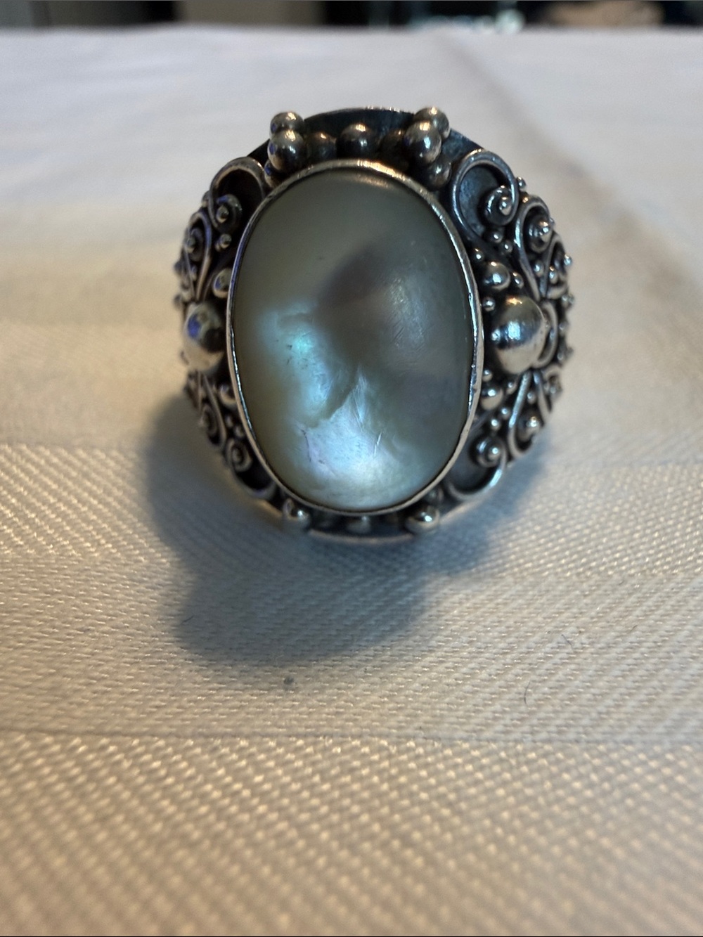 925 Sterling Silver Pearl Bali Ring size 7